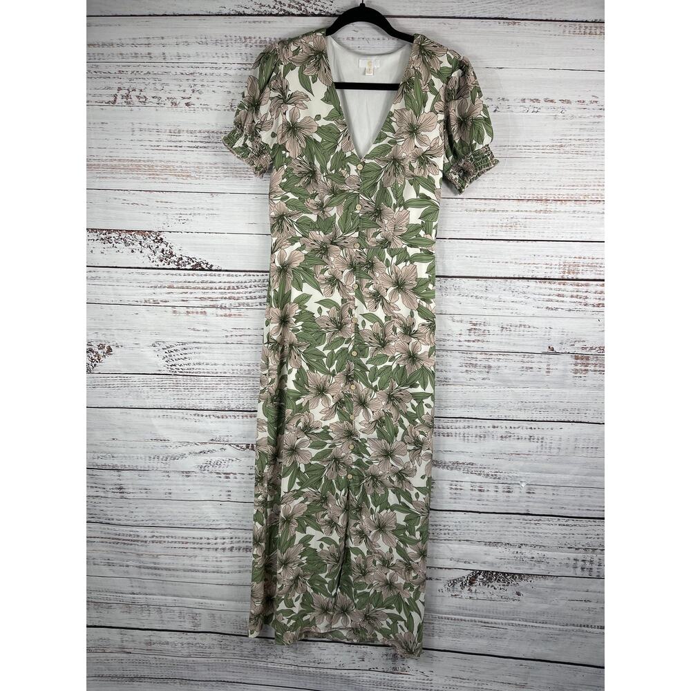 C Dress Women's Size Small Green Pink Floral Maxi Button Front Short Sleeve - Picture 1 of 9